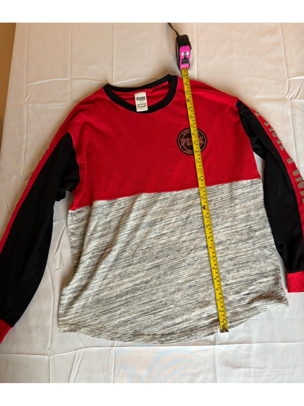 PINK Victoria’s Secret Colorblock Long Sleeve Sequin Shirt Size Large Red